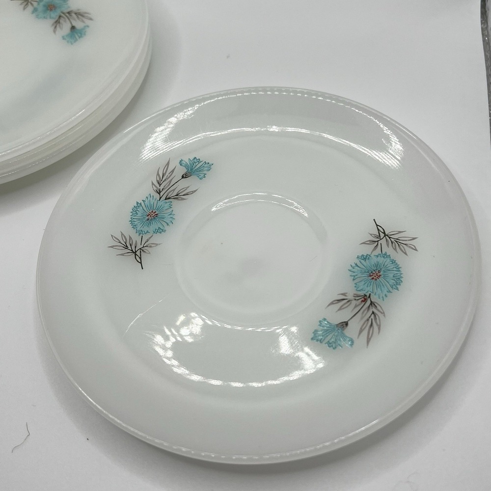 Set Of 4 Vintage Fire King Bonnie Blue Floral Saucer Plate Teal Flower MCM White - Picture 7 of 8